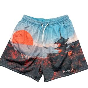 YoungLA 135 Mesh Gym Shorts Mens Medium Blue Japanese Pagoda Print YLA2411